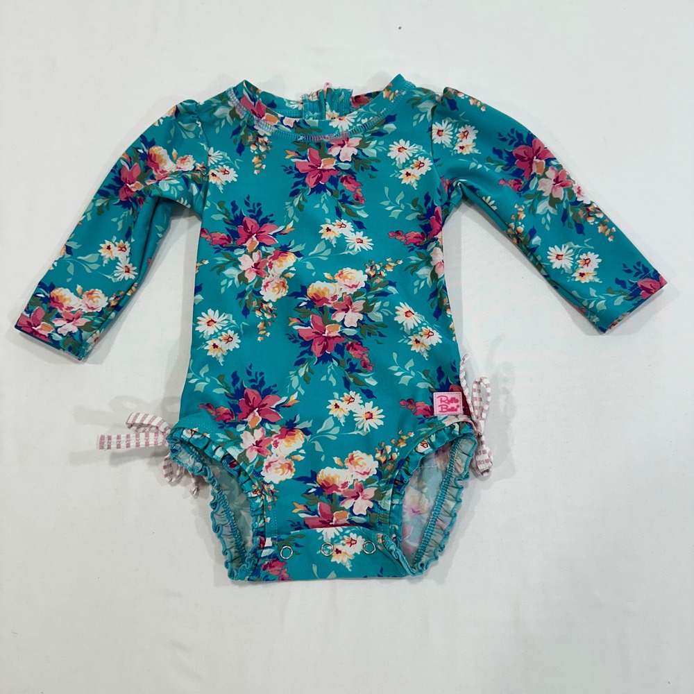 RuffleButts Long Sleeve Rash Guard Baby Girl 6-12m Teal Floral Ruffles | Cottage